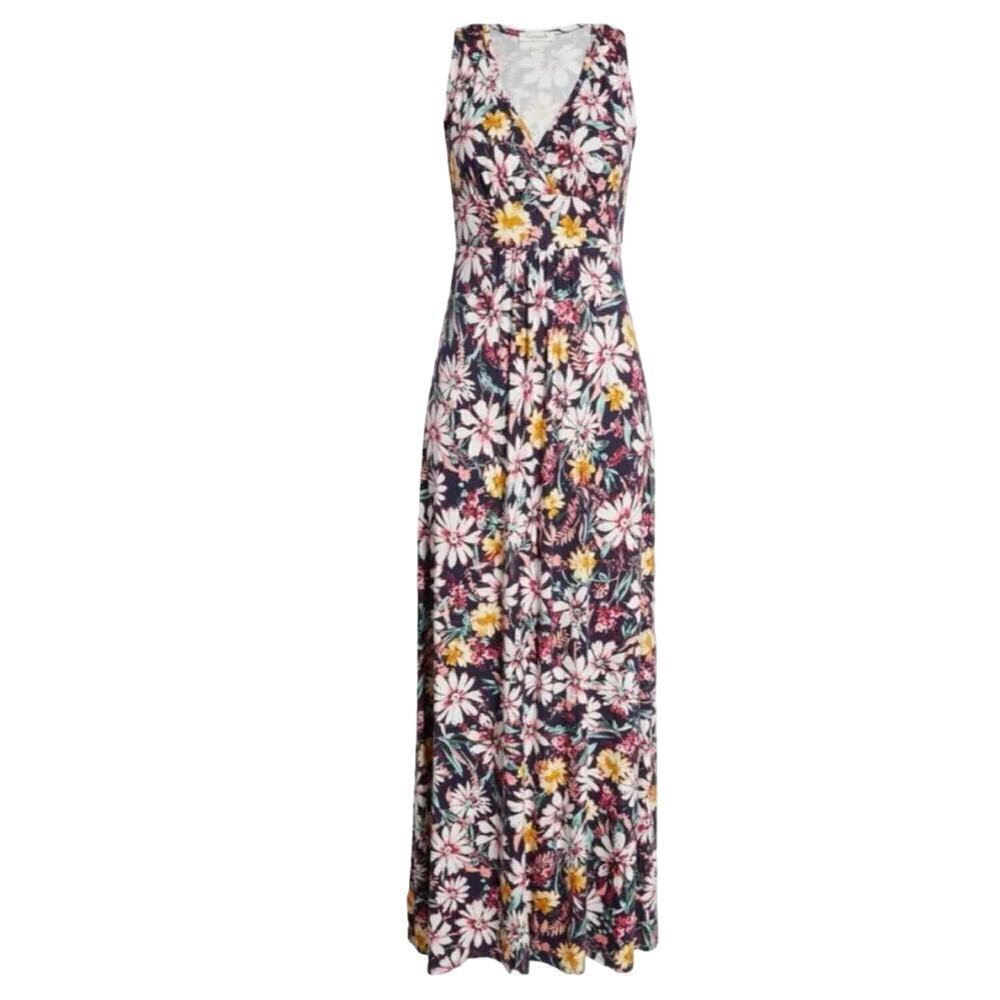 Loveappella Floral Print Empire Waist Jersey Stretch Maxi Dress Size Small
